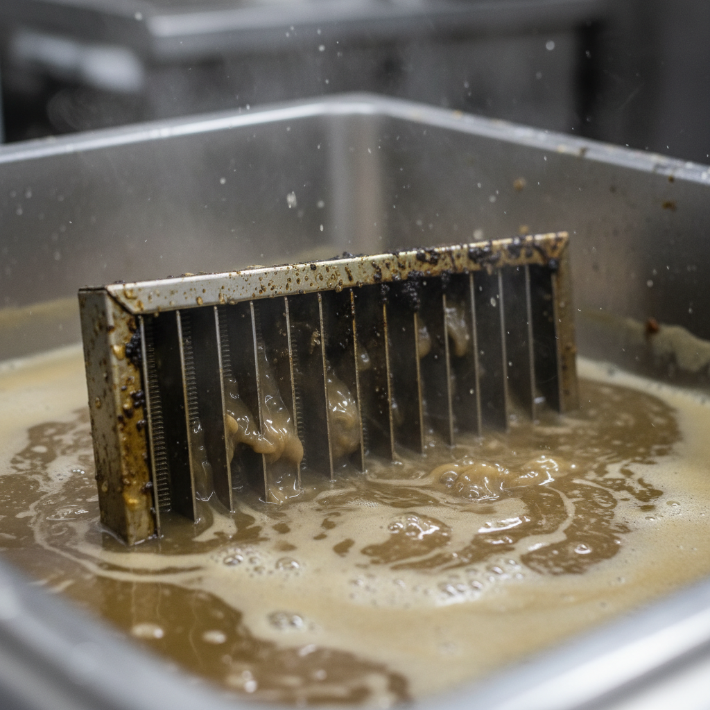 Close-up of greasy stainless baffle filter soaking in hot degreaser to clean oven hood filter effectively
