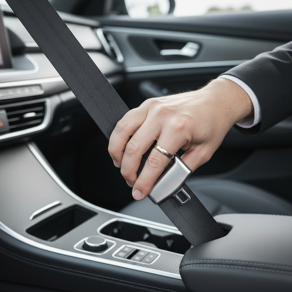 Close-up of seat belt fastening, symbolizing safe driving habits for CAA auto insurance in Ontario