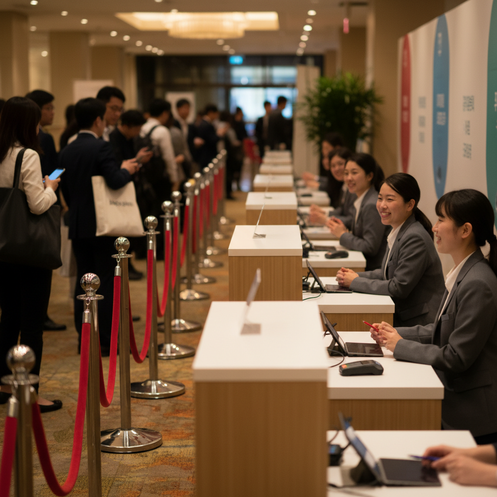 Registration area at a professional conference with attendees queueing and staff welcoming guests