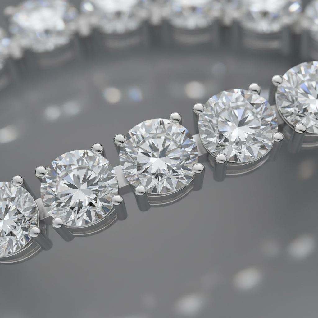 Macro close-up of a diamond tennis bracelet four-prong line showing matched round diamonds and secure prongs in white gold