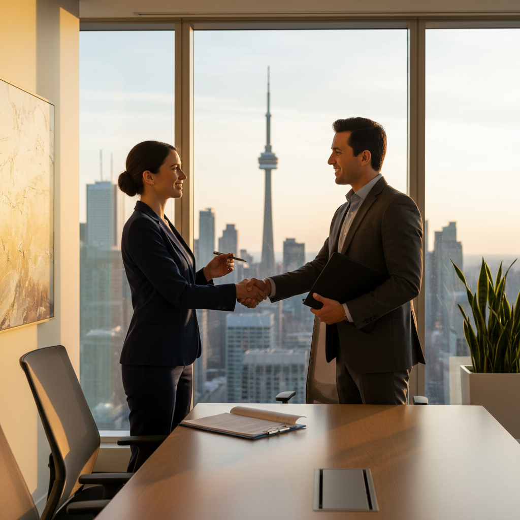 Professionals shaking hands after signing a business agreement in a modern Toronto office, symbolizing a successful contract negotiation