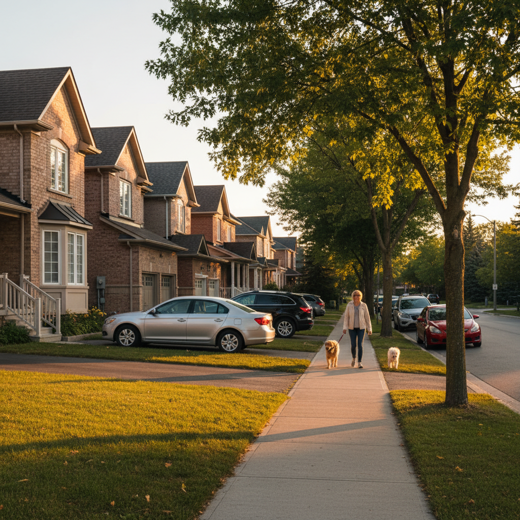 Quiet Brampton neighborhood street at golden hour ideal for location-based home search