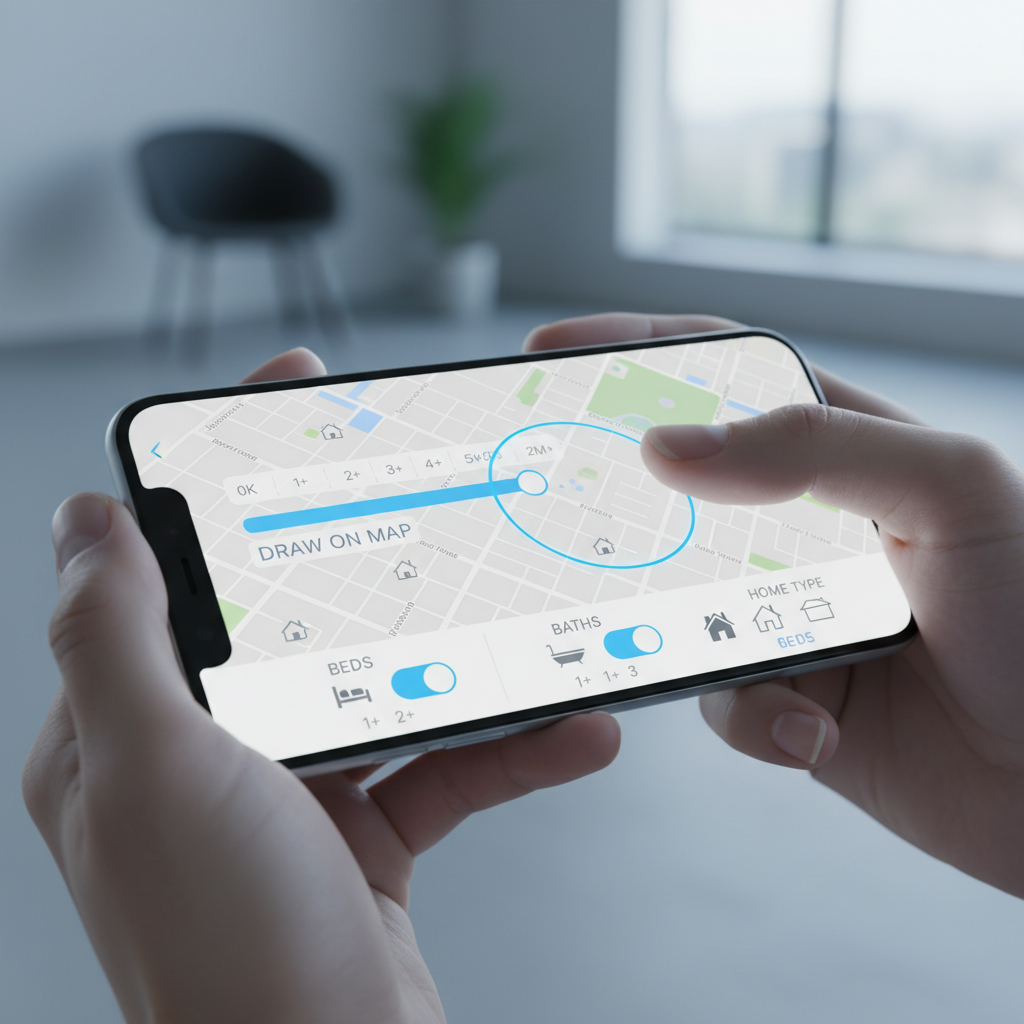 Close-up of smartphone map filters for home search by location with price and draw tool