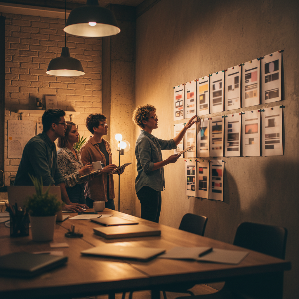 Team reviewing Framer SEO content mockups and interlinking plans on a studio wall