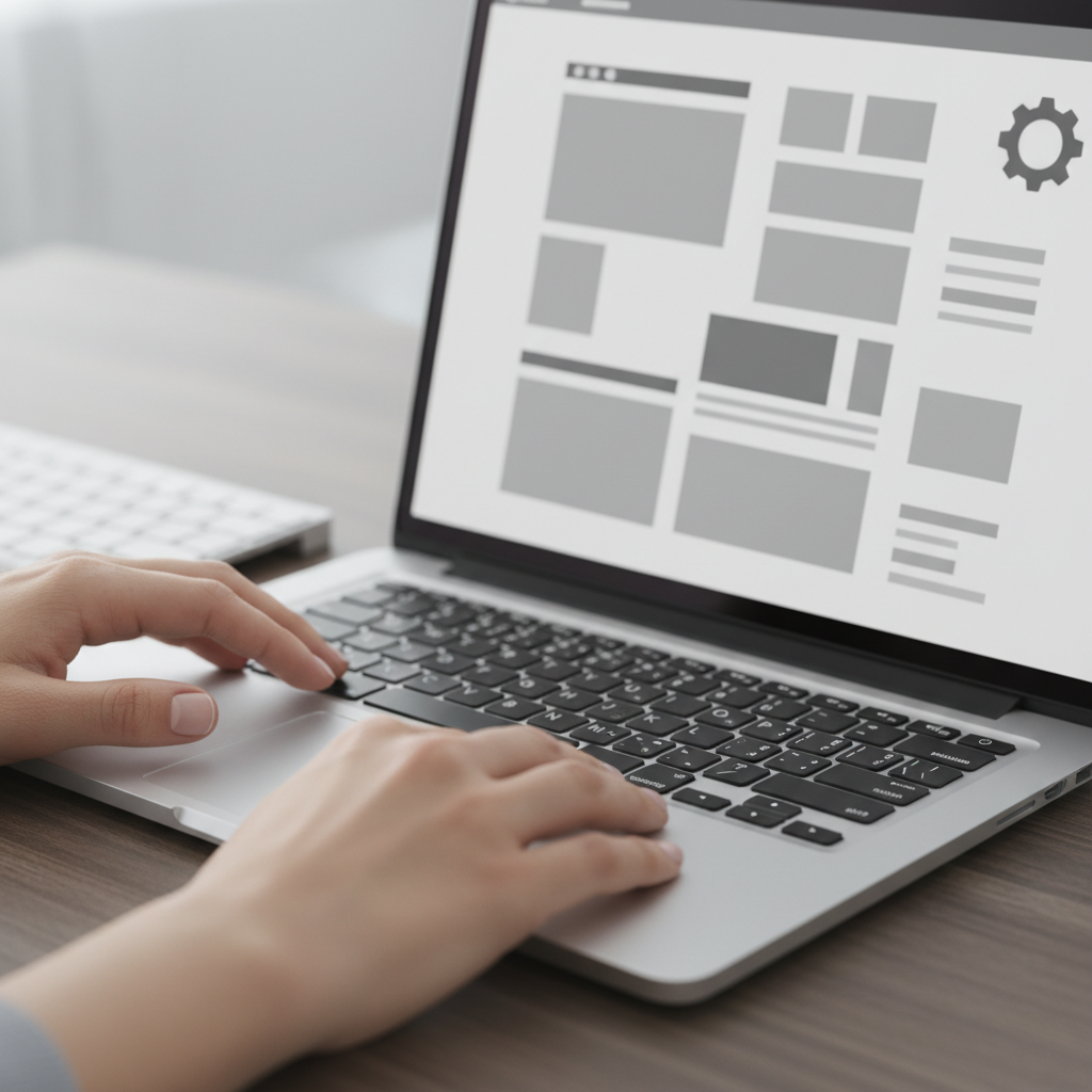 Close-up workflow of Framer SEO content optimization steps: wireframe blocks, settings gear, and intent mapping