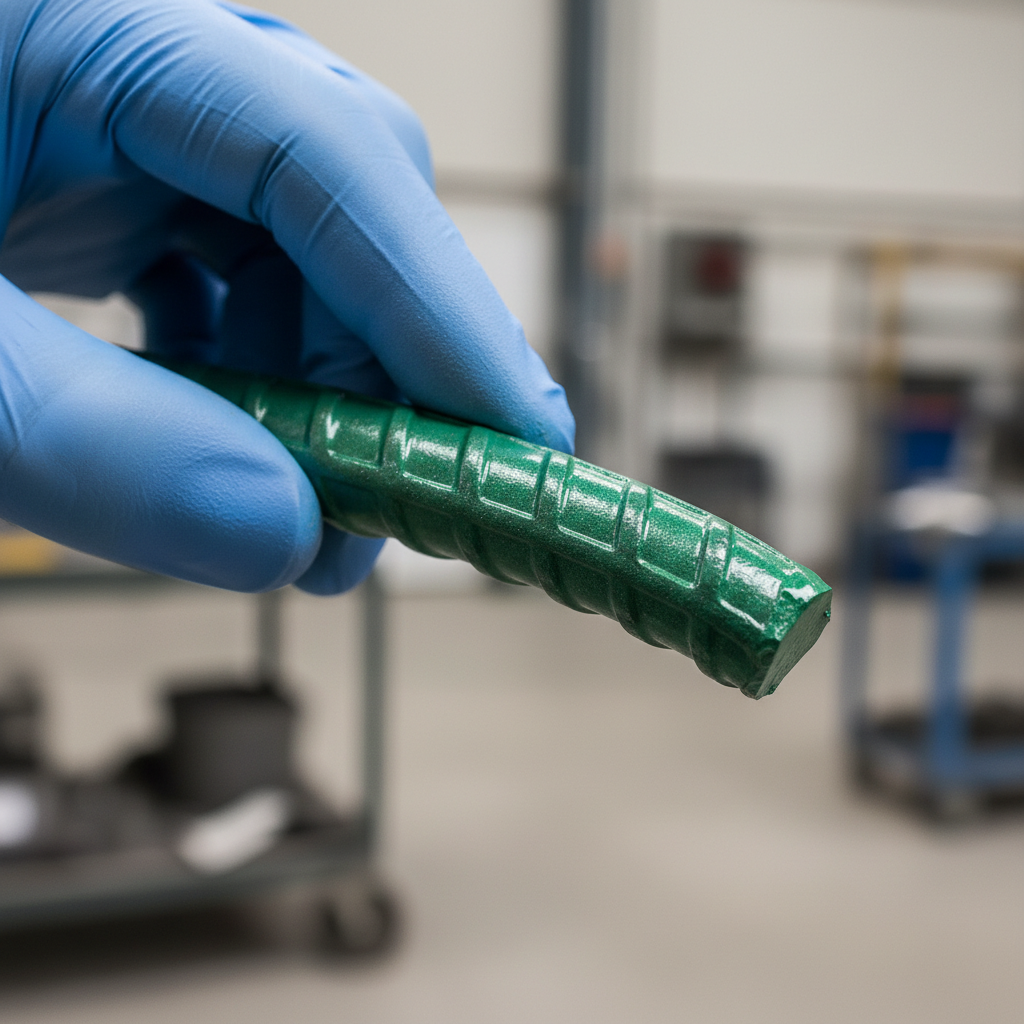 Close-up of epoxy coated rebar ribbed profile with glossy green protective layer, handled with gloved technician, reinforcing steel detail
