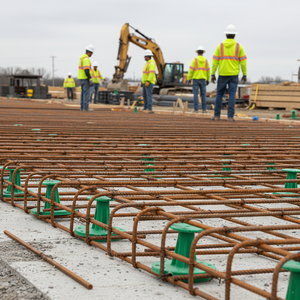 Epoxy coated rebar installed in a bridge deck reinforcement grid with plastic chairs and spacers on a North American jobsite
