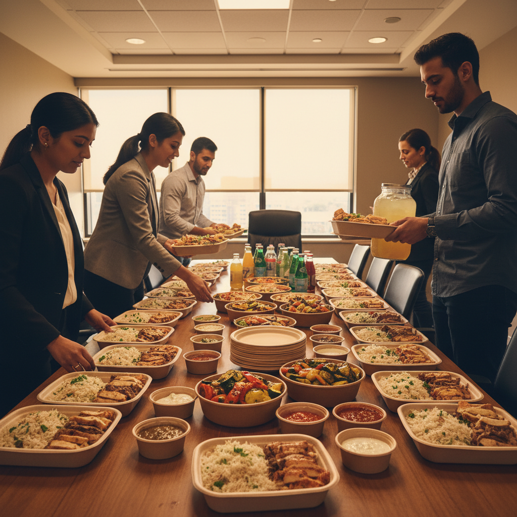 Catered shawarma bowls and trays being set up for a corporate lunch in a Toronto conference room