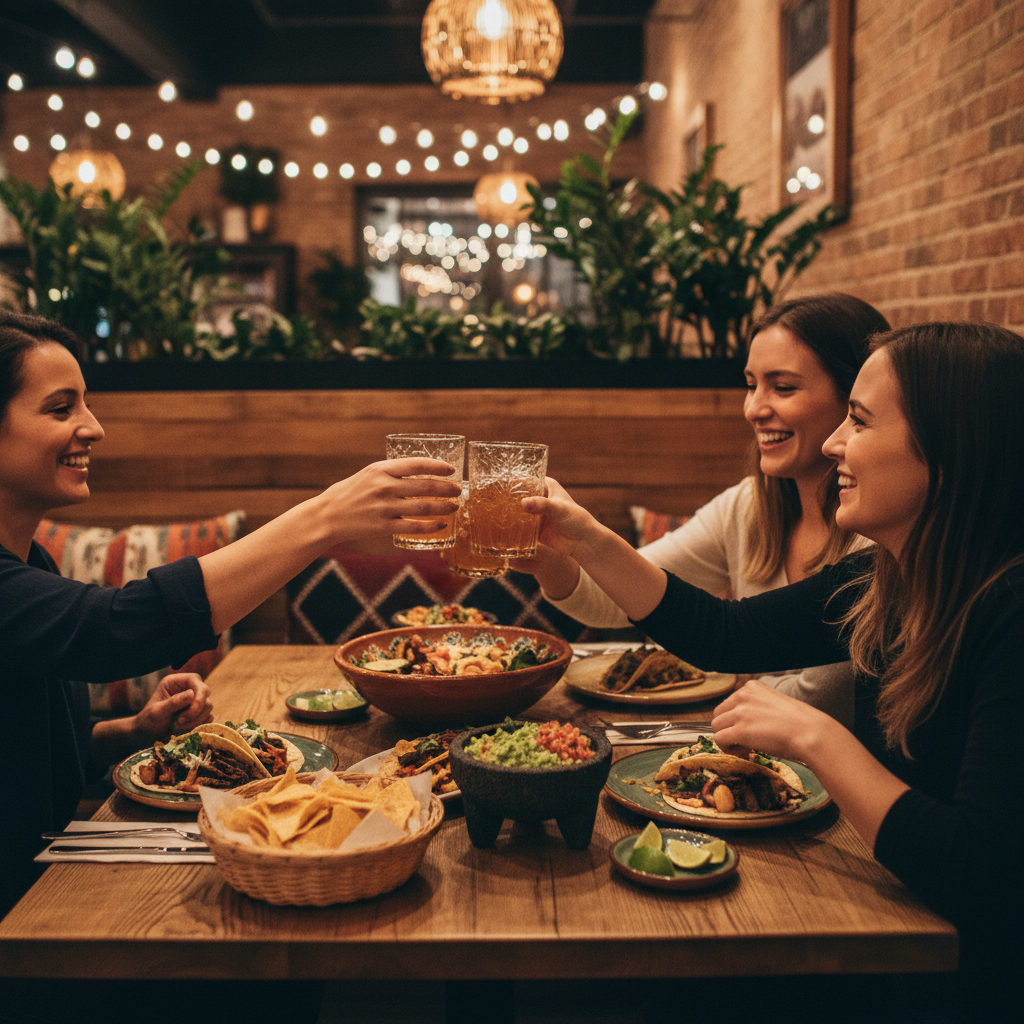 Friends sharing Mexican grill dishes at a cozy table in Old Toronto, chips, tacos, bowls, and guacamole for a casual dinner