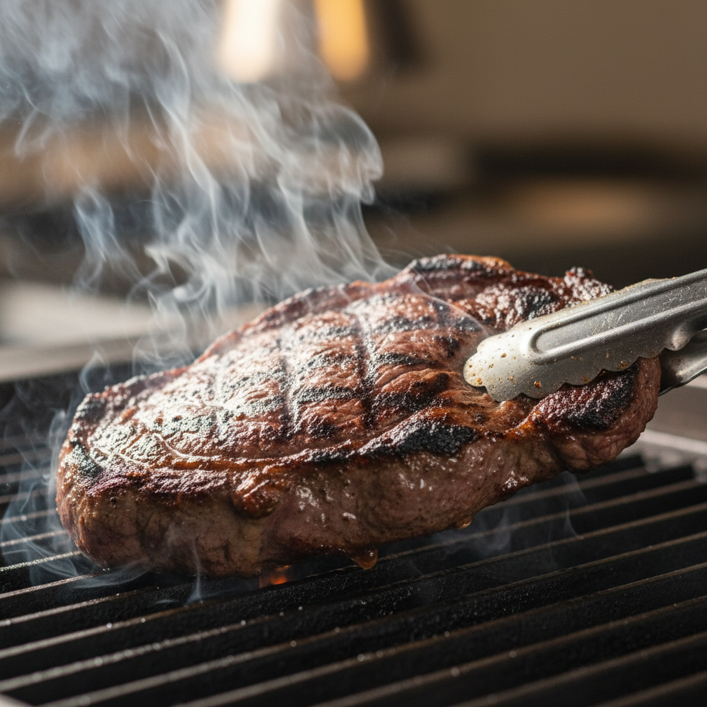 Close-up of sizzling carne asada on the grill, char marks and steam at a Mexican grill in Toronto