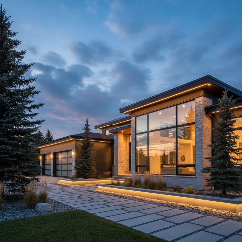 Modern luxury home exterior in Edmonton at twilight, showcasing large windows and landscaped yard — ideal for high-end buyers in Edmonton