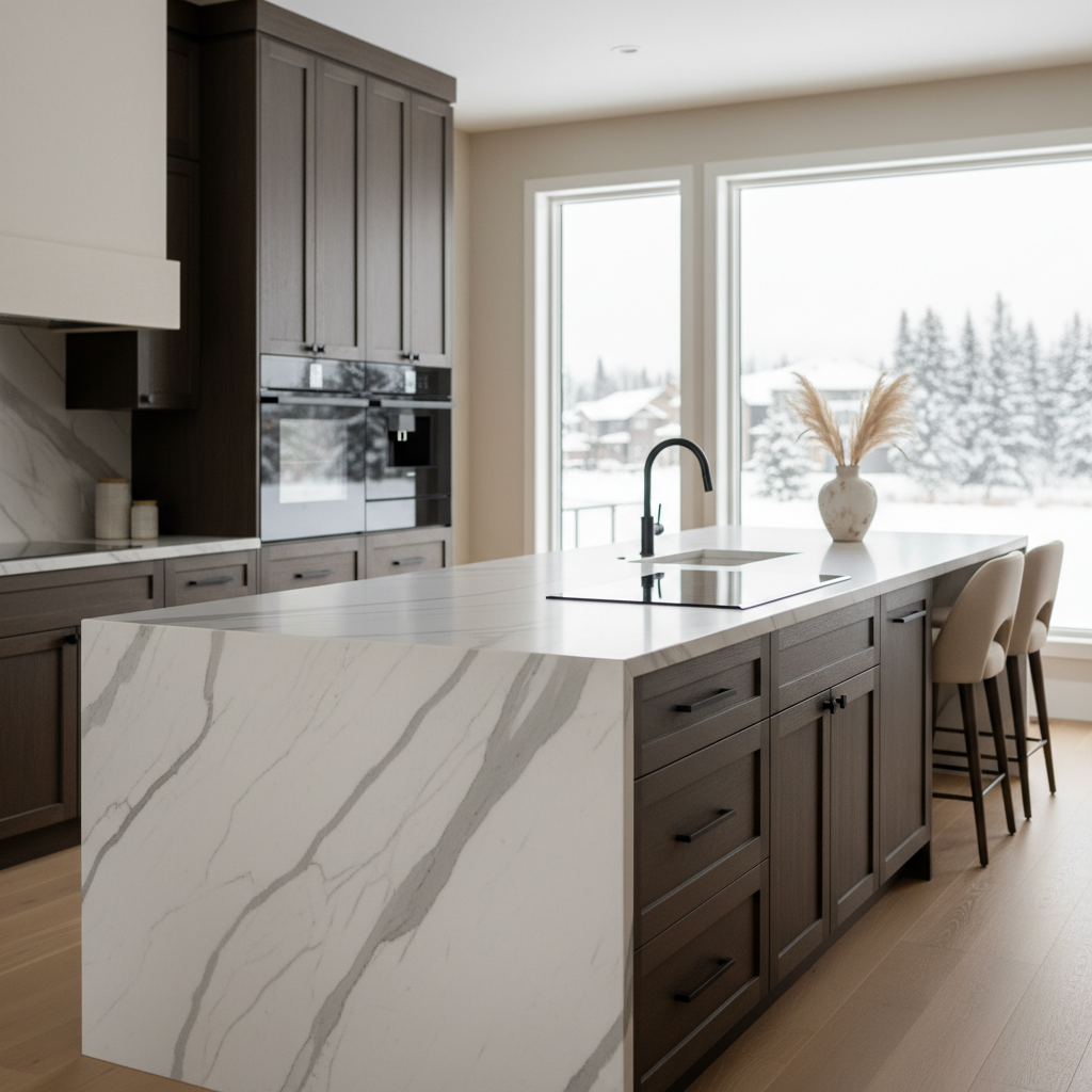 Luxury Edmonton kitchen with marble waterfall island, chef appliances, and floor-to-ceiling windows — hallmark features of luxury homes for sale in Edmonton