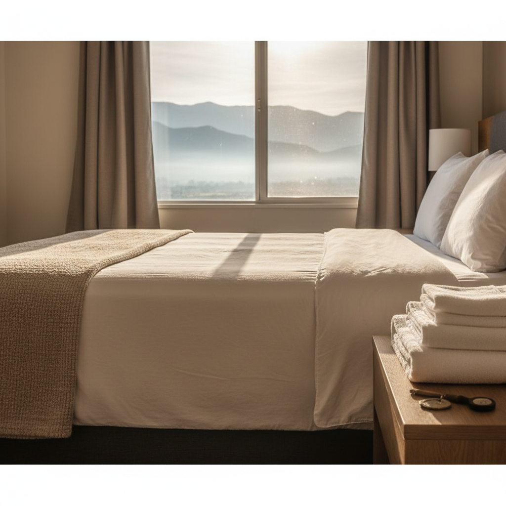 Renovated North Conway motel room with mountain view window, ideal for a Story Land family stay guide with nap-friendly setup