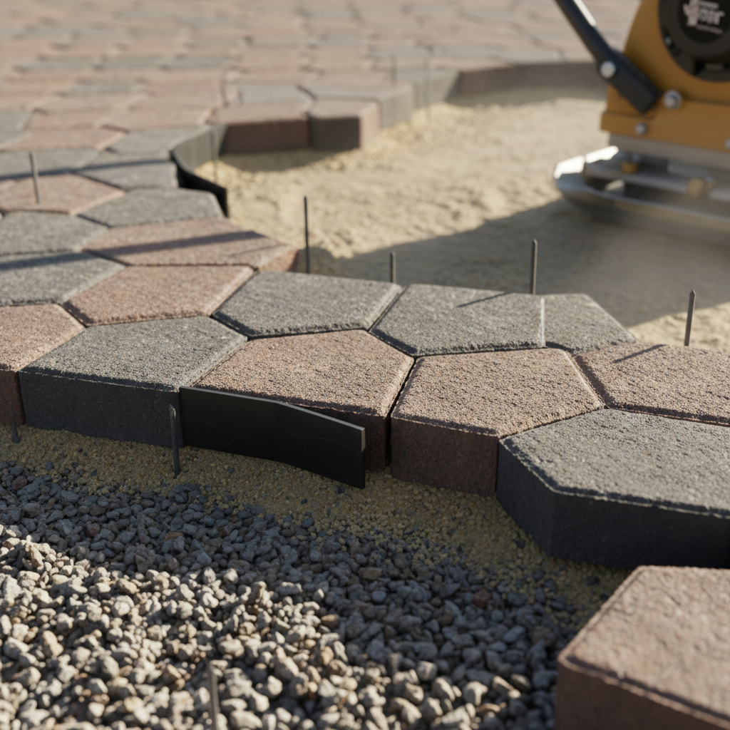 Close-up of interlocking paver installation showing compacted base layers, edge restraint, and polymeric sand for outdoor living space planning in Mississauga