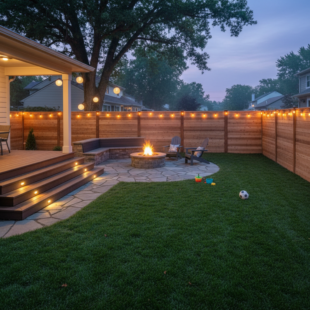 Dusk backyard scene with step lighting, cedar privacy fence, and paver fire pit area showing best practices for outdoor living space planning in the GTA