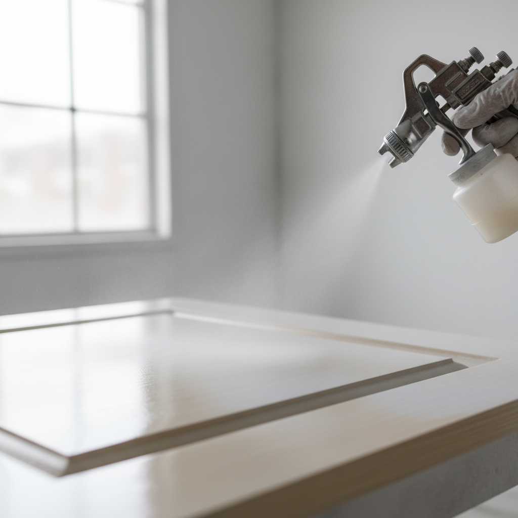 Close-up of HVLP spray painting a kitchen cabinet door with a smooth satin finish for Toronto homeowners researching cabinet repainting cost