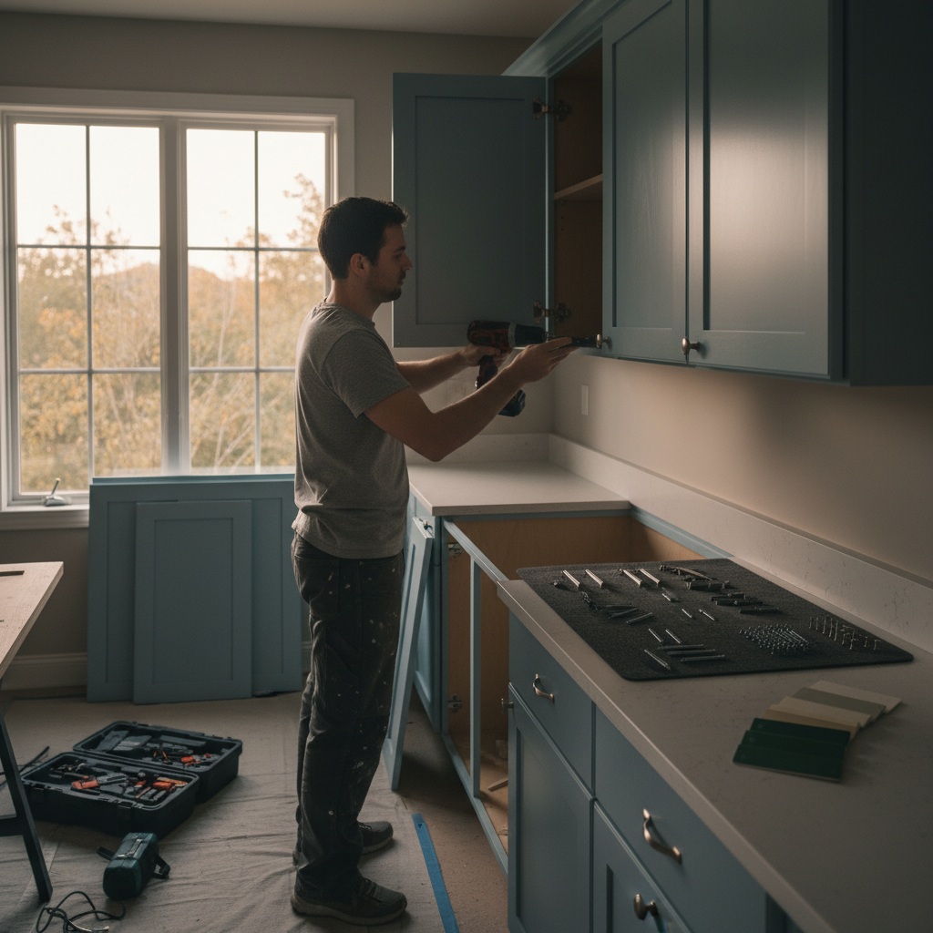 Technician reinstalling freshly painted cabinet doors in a Toronto kitchen, showing careful alignment and hardware organization after cabinet respraying
