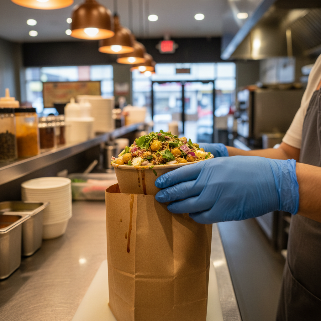 Takeout scene in Brampton: compostable bowl of samosa chana chaat being packed with chutneys and garnishes into a paper bag