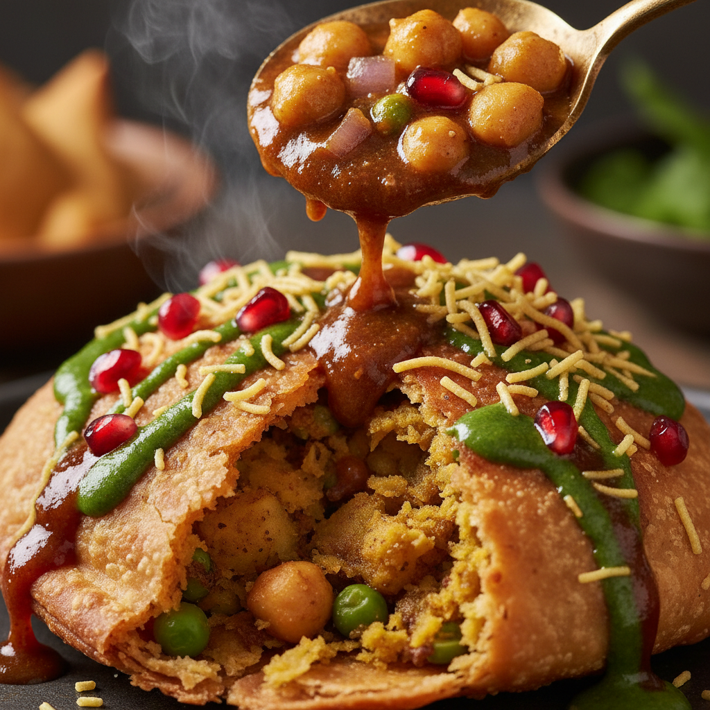 Close-up of samosa chana chaat assembly with crispy samosa, chana, tamarind and green chutney, yogurt, sev, onions, cilantro