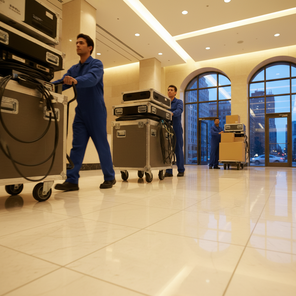 Evening office relocation scene in Dubai with movers using dollies and rolling crates through a commercial lobby, reflecting best-practice logistics