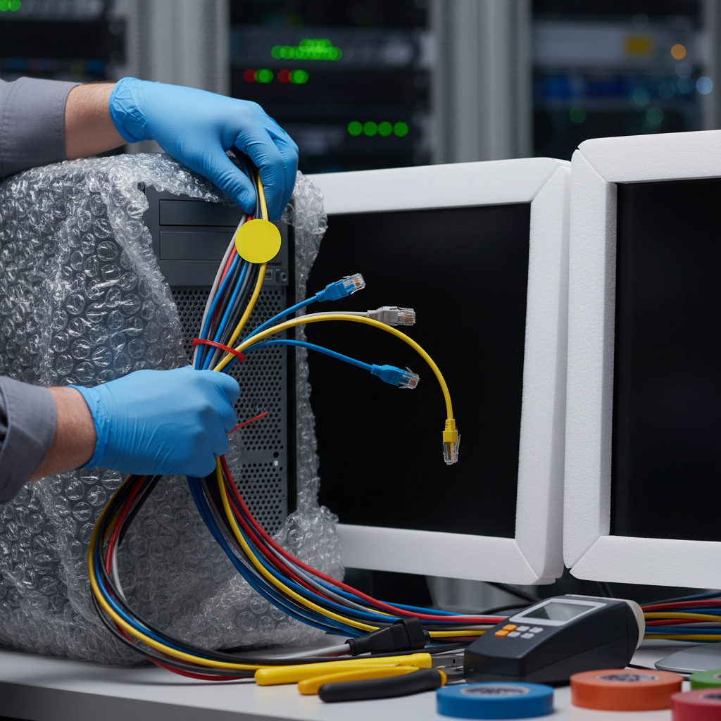 Close-up IT relocation during office moving services in Dubai: labeled cables, anti-static wraps, and foam corners protecting monitors and towers