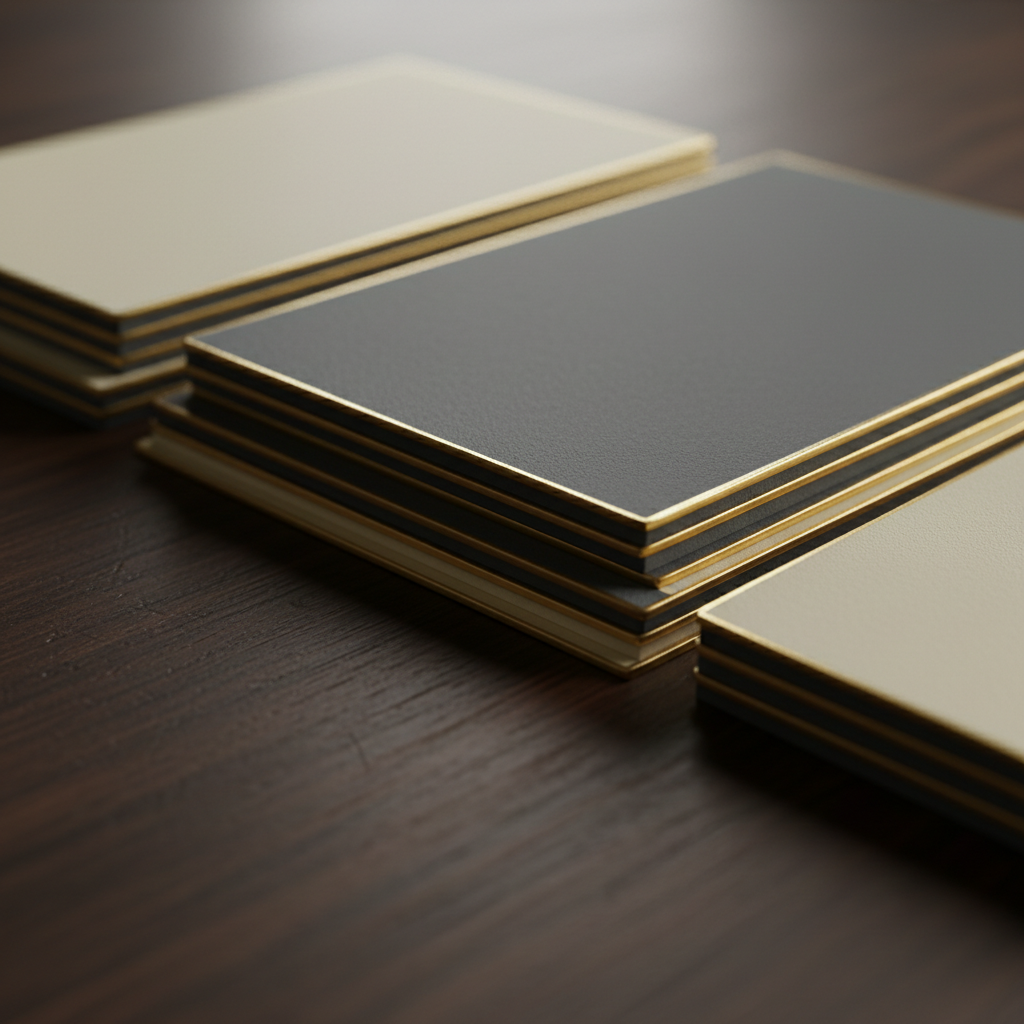 Luxury business cards close-up with gold foil edges from a realtor package tier, showing premium finishes for Mississauga agents