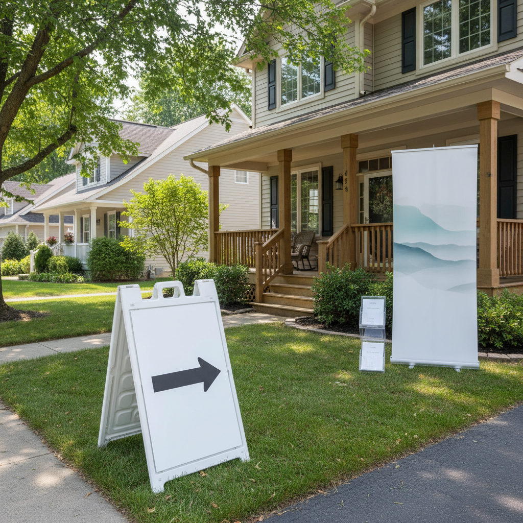 Open house setup with blank A-frame directional sign and roll-up banner, illustrating tiered realtor packages in action