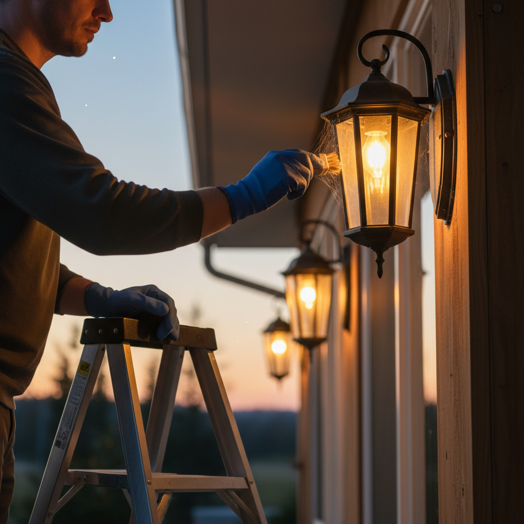 Exterior porch light cleaning in Saskatoon: brushing around the socket after power is off