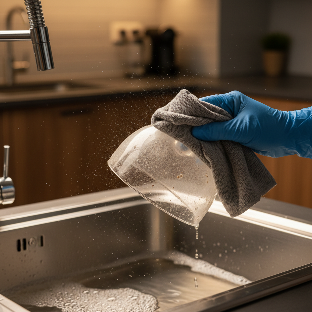 Close-up light fixture cleaning guide: removing dusty glass shade with microfiber cloth in a Saskatoon kitchen