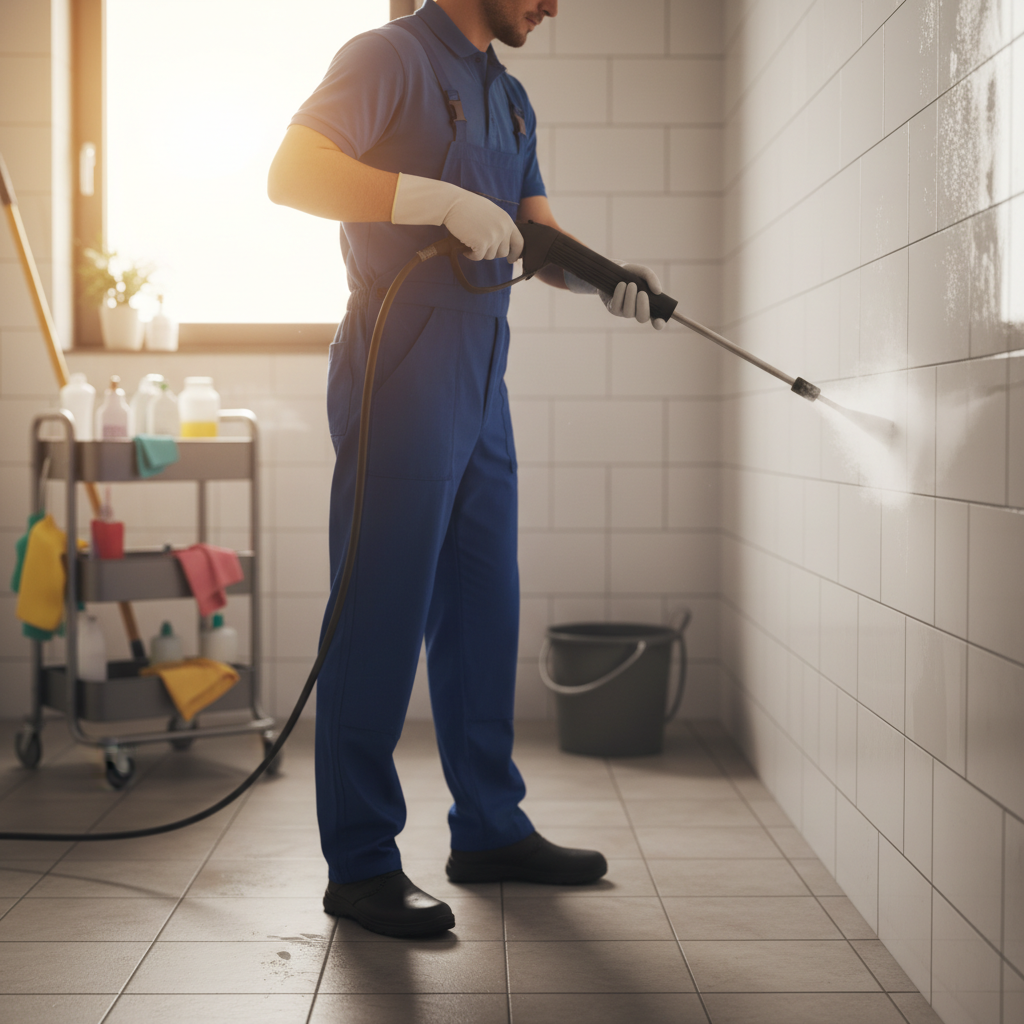 Professional cleaner steam-cleaning bathroom tile and grout during a Saskatoon apartment turnover clean, action shot