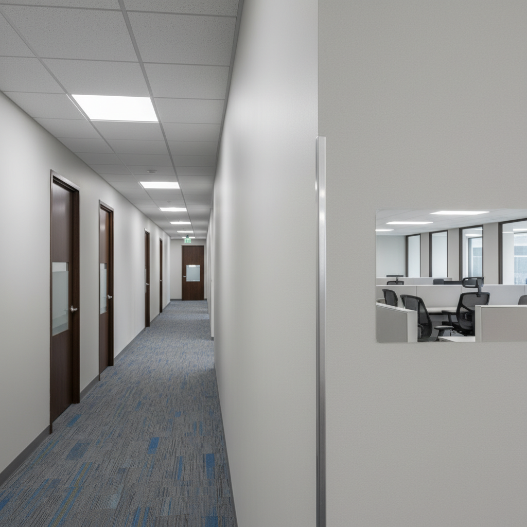 Finished commercial corridor with crisp 90-degree drywall corners protected by metal corner bead, ready for paint