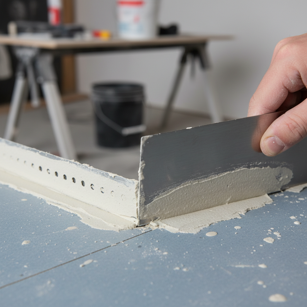 Close-up of paper-faced sheetrock metal corner bead embedded with joint compound on a drywall outside corner