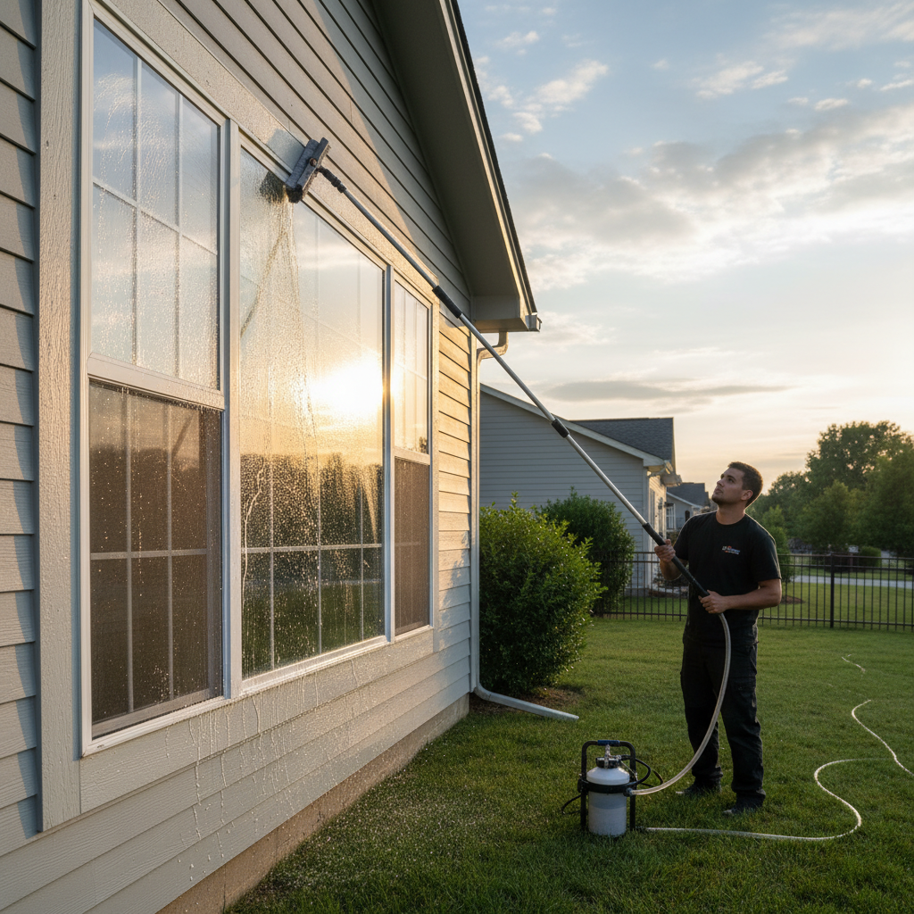 Water-fed pole cleaning of an exterior window for streak-free results in a suburban Saskatoon home