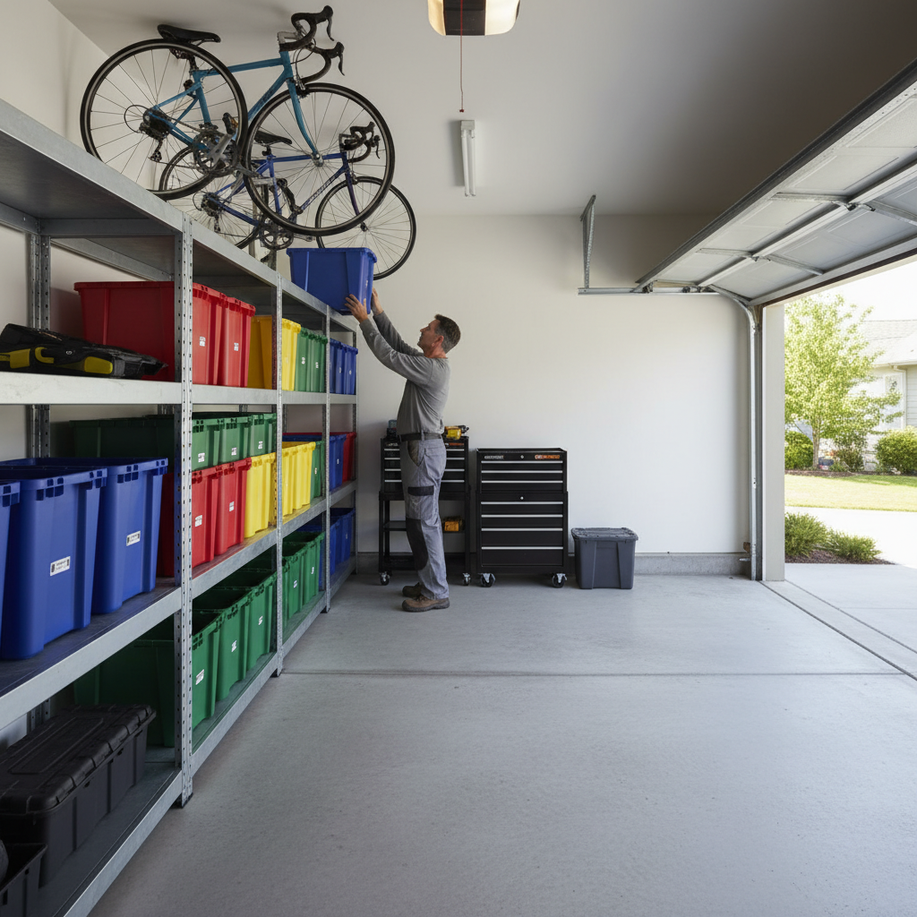 Organized garage in Saskatoon with wall-mounted bikes and labeled bins to support weekly cleaning routines