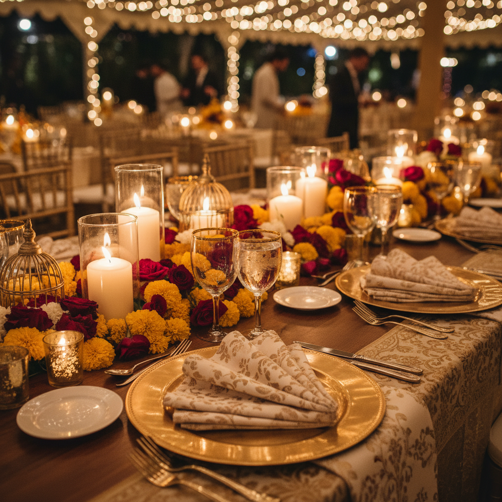 Close-up destination wedding tablescape with marigold and rose garlands, floating candles, and gold-rimmed glassware for South Asian beach or palace reception