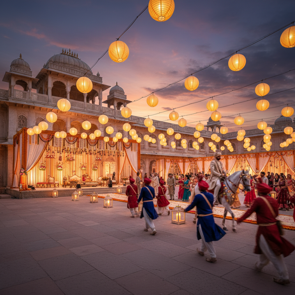 Lantern-lit palace courtyard destination wedding scene with baraat procession at dusk, ornate archways, and warm ambient lighting