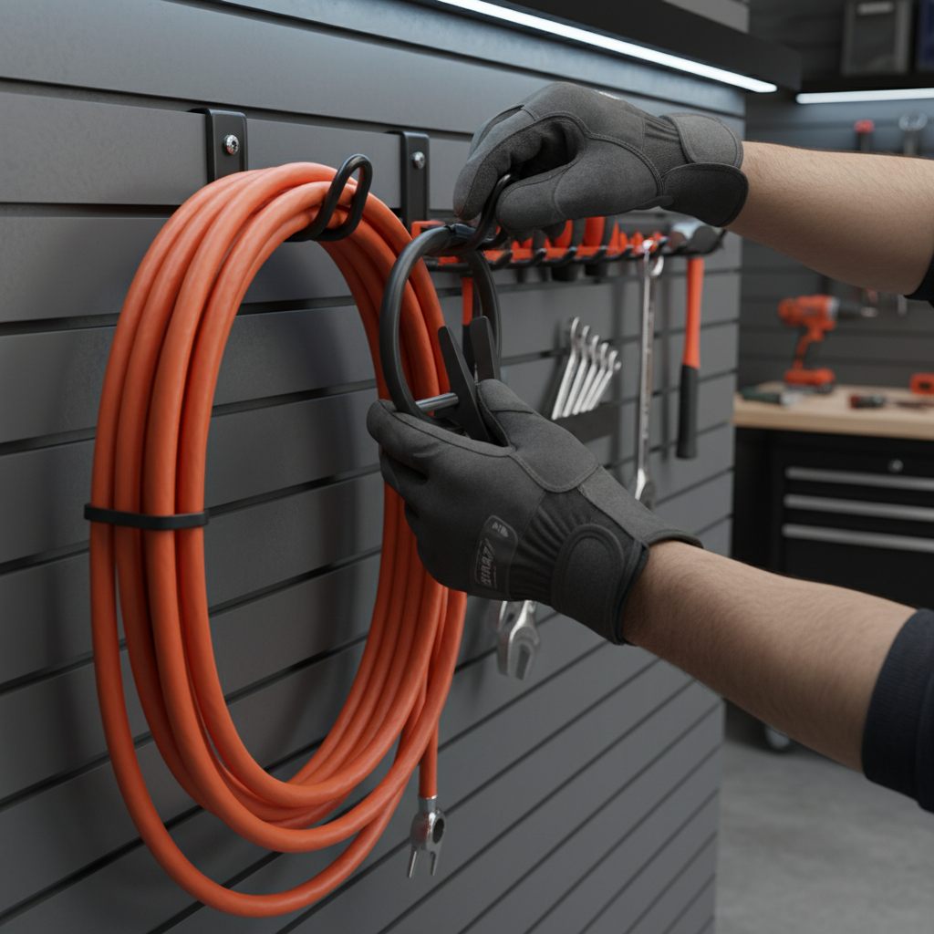 Close-up of slatwall hook installation during garage organizing in Saskatoon