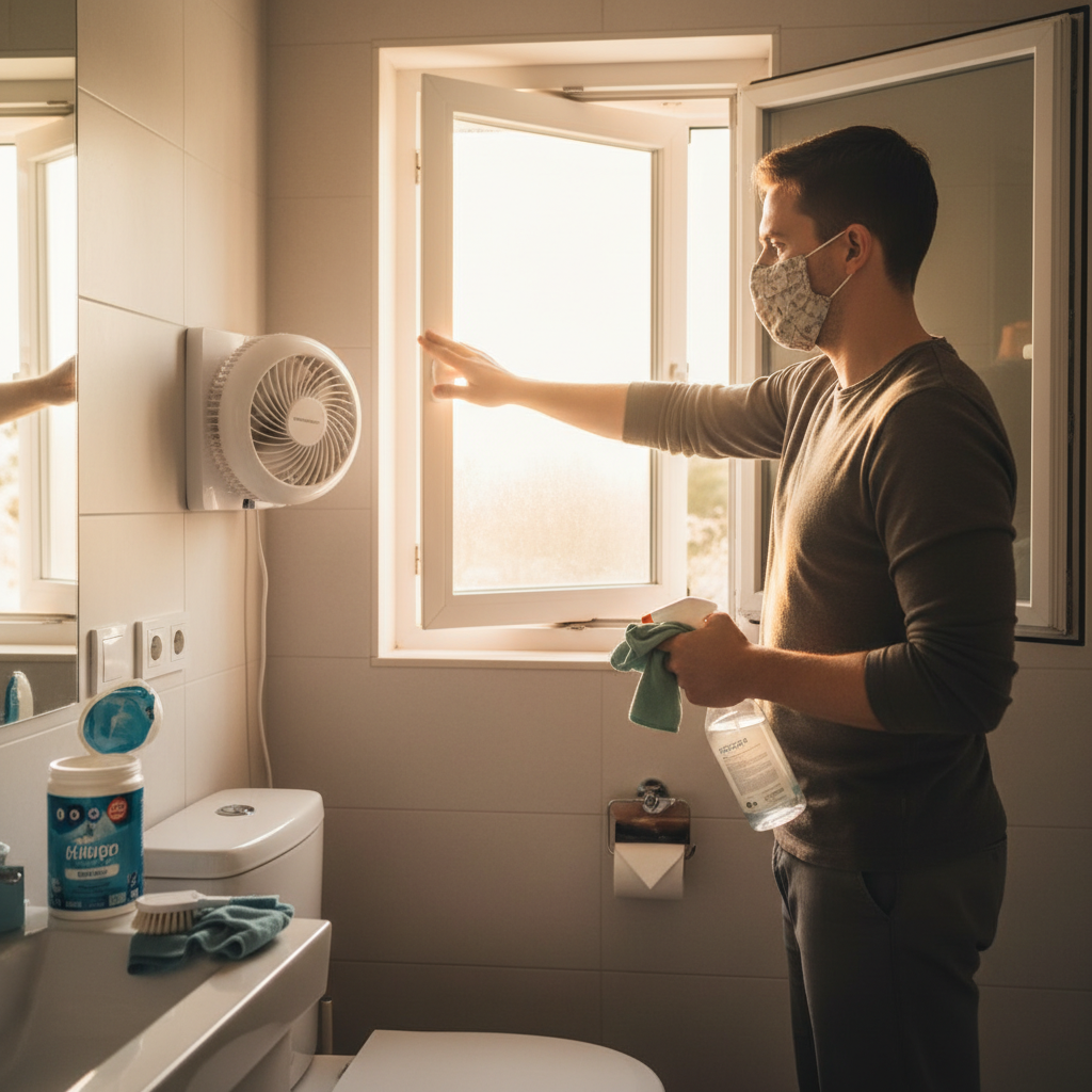 Ventilating a bathroom before sanitizing: opening a window and running the fan for safer cleaning