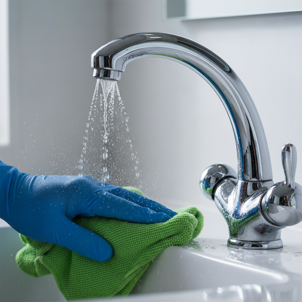 Close-up of microfiber sanitizing a bathroom faucet for a cleaner, safer bathroom in Saskatoon