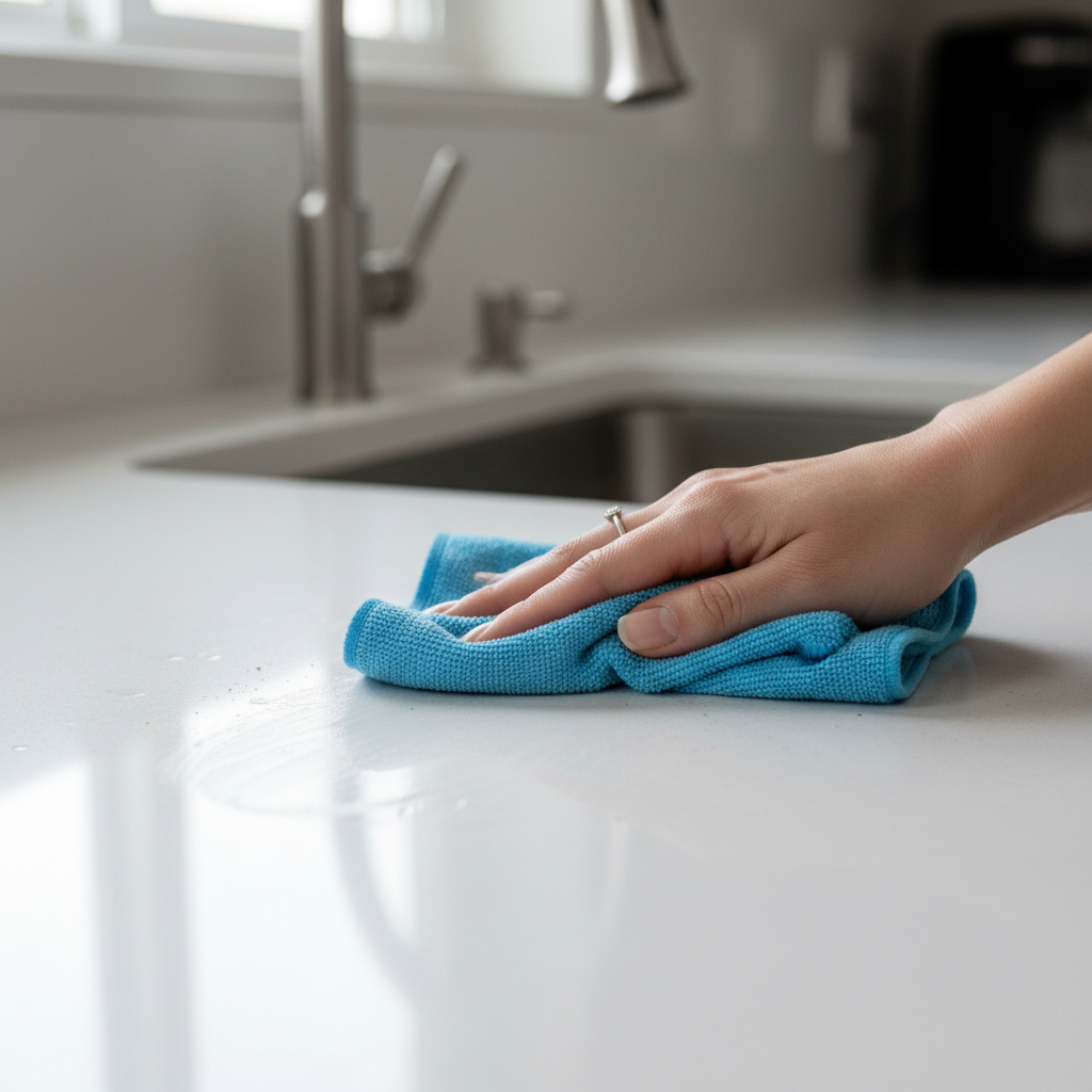 Blue microfiber cloth wiping a quartz kitchen countertop as part of a weekly house cleaning checklist