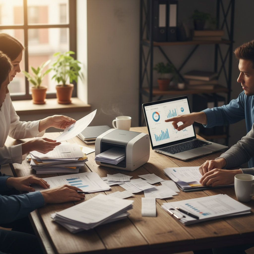 Team organizing receipts and invoices for data migration into cloud accounting software