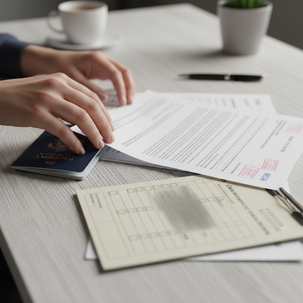 Close-up of Express Entry document checklist with passports and forms, showing how to avoid profile mistakes before you apply