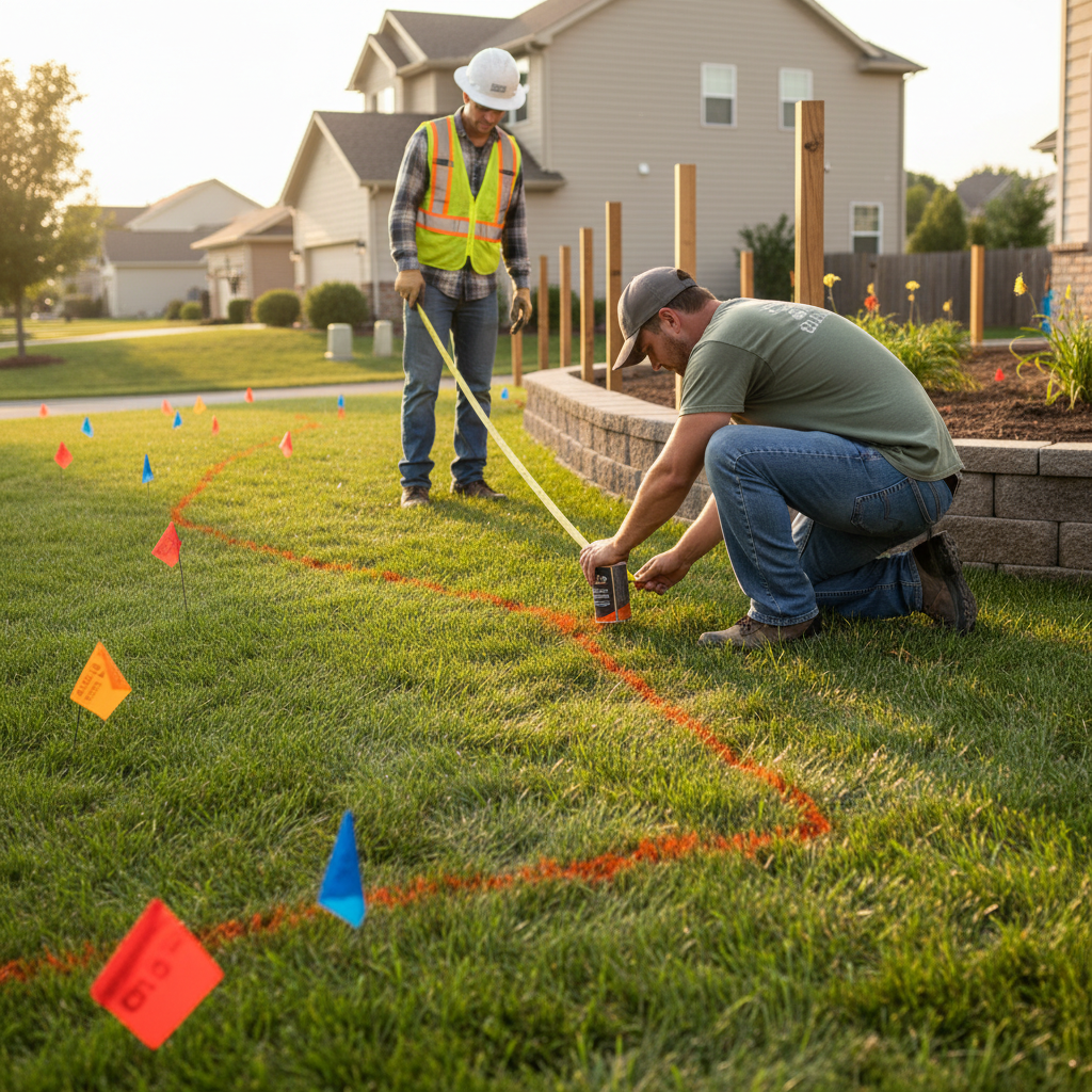 Utility locate flags and layout lines marked before fence and retaining wall work