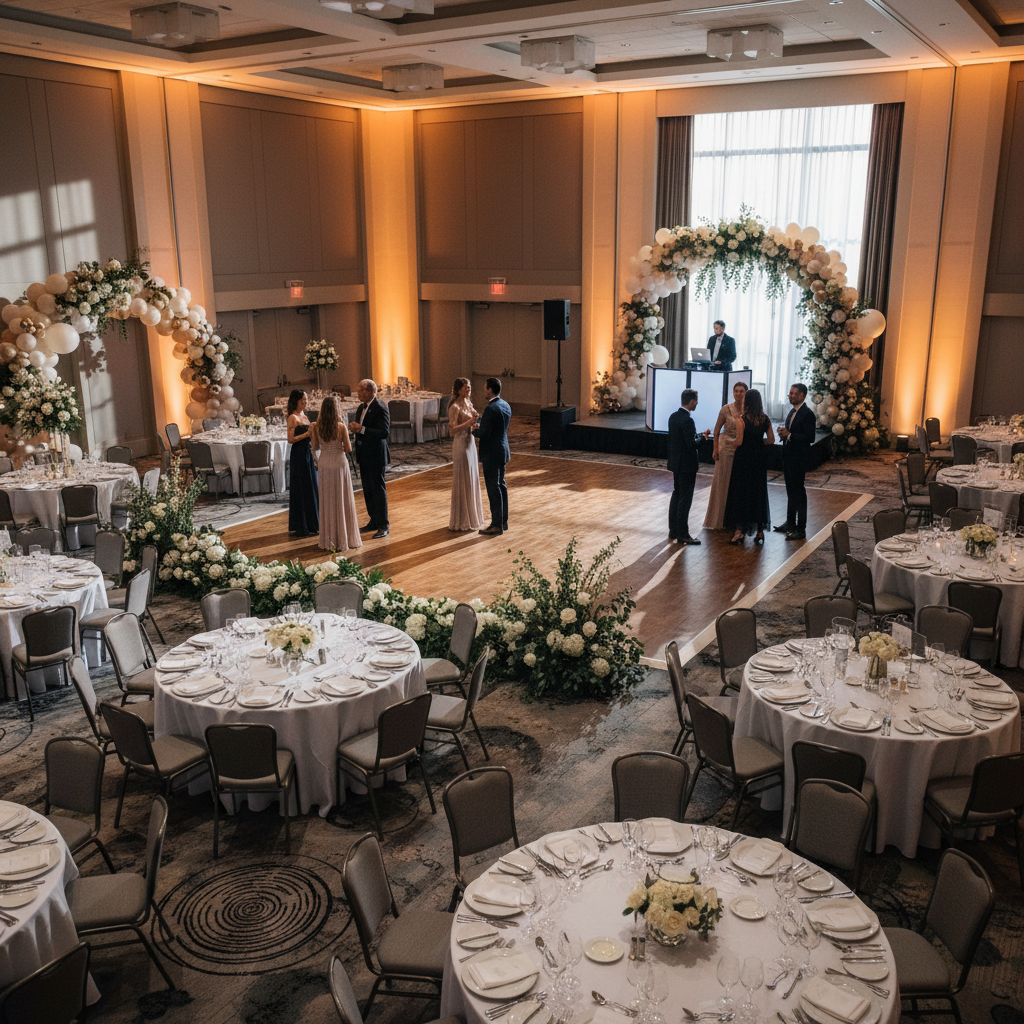 Elegant milestone birthday party overview in a modern Mississauga ballroom with upscale tables, dance floor, and warm uplighting