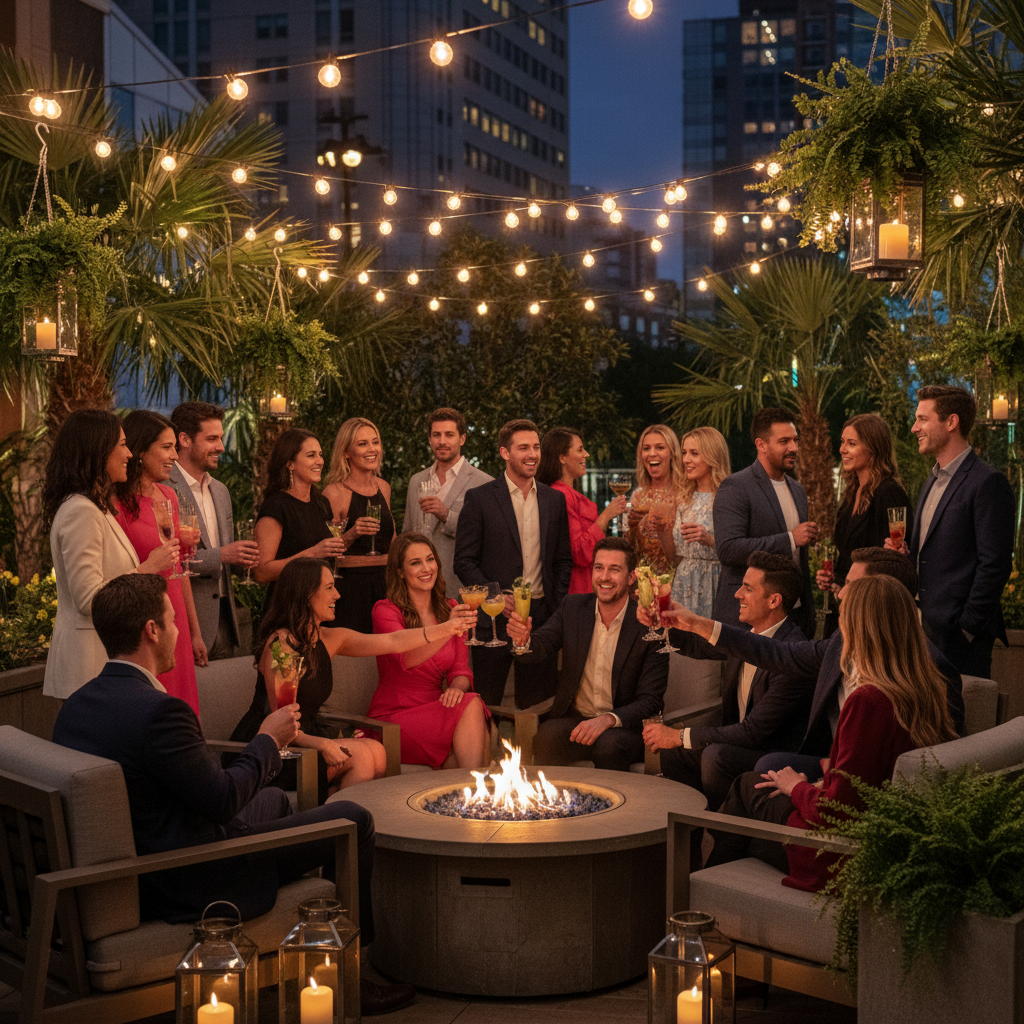 Outdoor patio milestone birthday celebration at night with string lights, lounge seating, and guests toasting