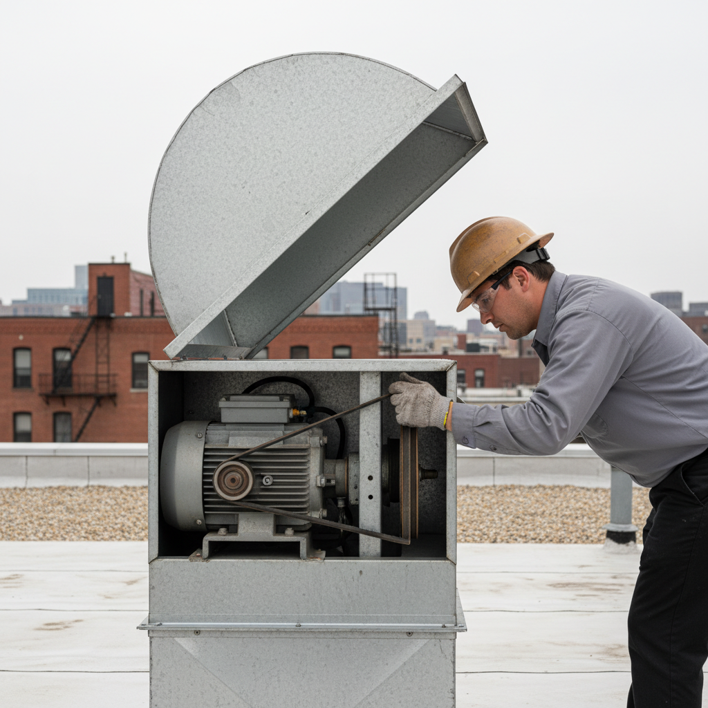 Rooftop upblast exhaust fan hinged open for inspection with belt and motor visible