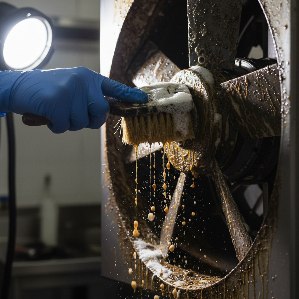 Close-up exhaust fan cleaning on greasy blades with foaming degreaser in a commercial kitchen