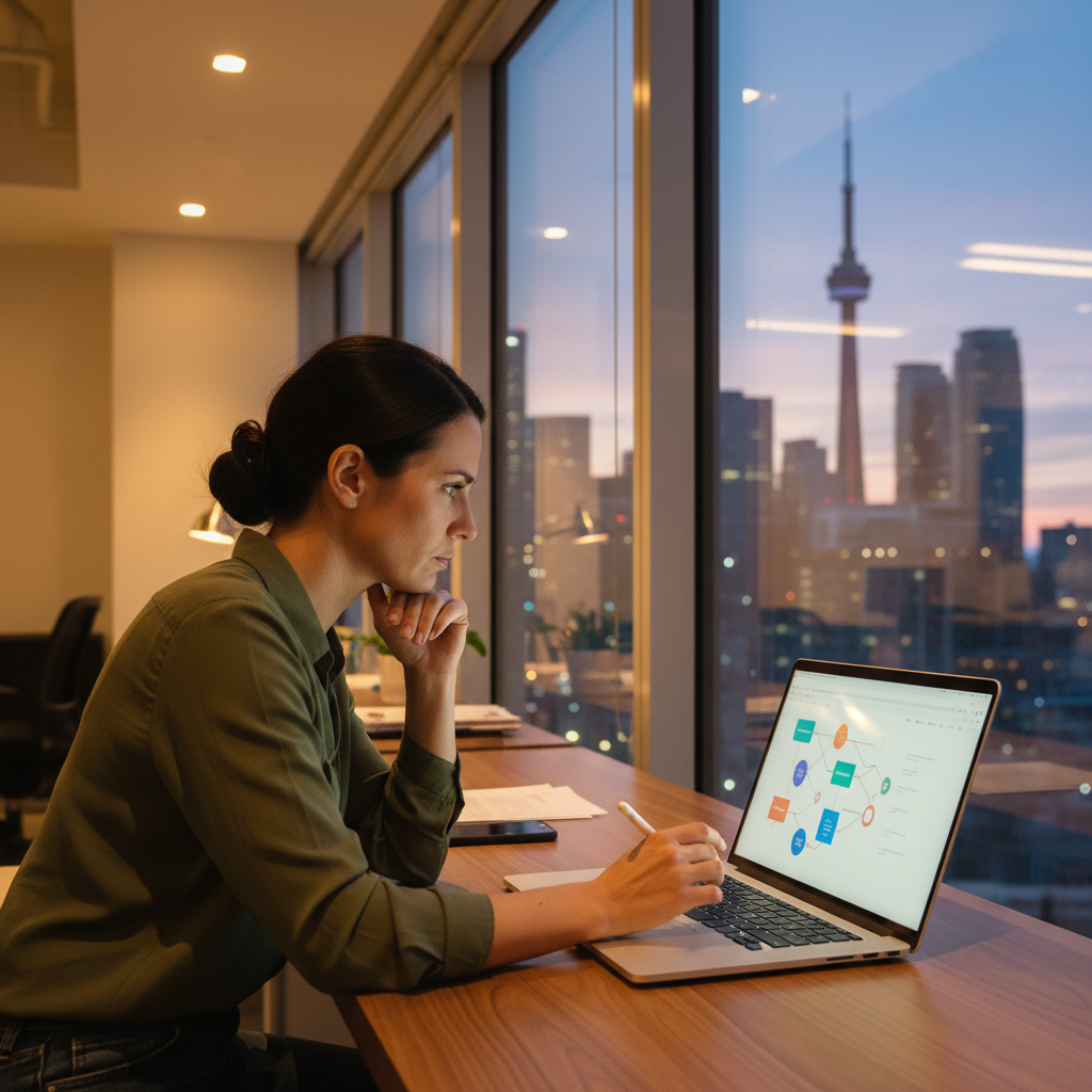 Founder reviewing a project roadmap on a laptop with the Toronto skyline, illustrating the entrepreneur launch checklist flow