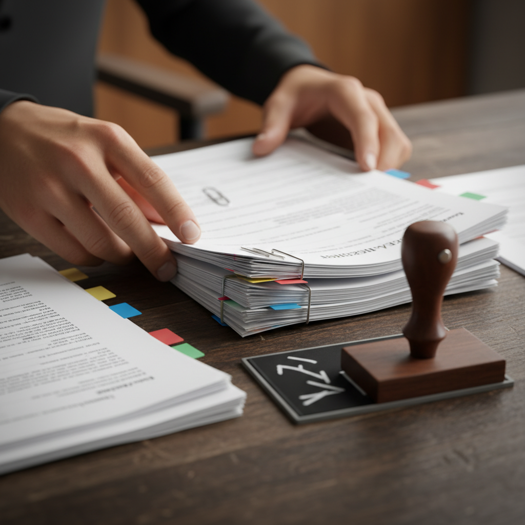 Close-up of licensing and permits documents being organized for a business launch checklist in Toronto