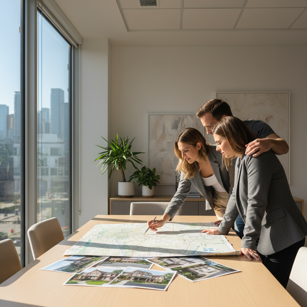 Modern Toronto real estate office scene where an agent and clients review a neighborhood map and listing photos, aligning tools with Ontario home valuation basics
